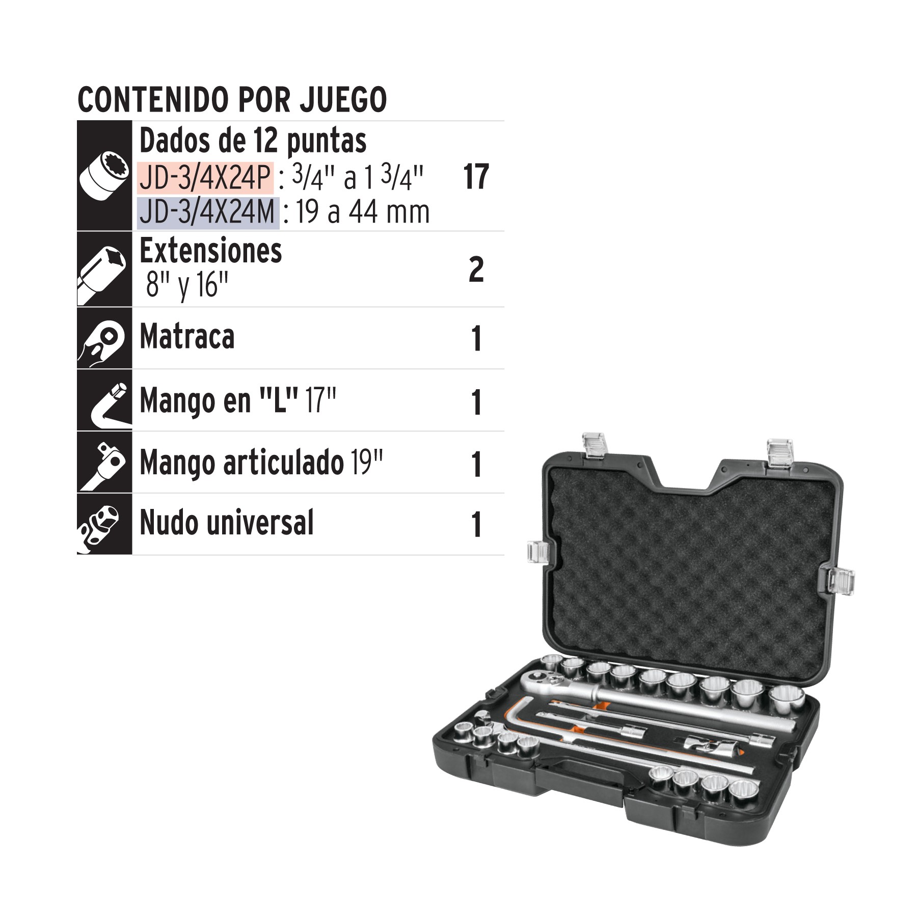 JUEGO DE 23 HERRAMIENTAS CUADRO 3/4" STD PARA MECÁNICO TRUPER 13970