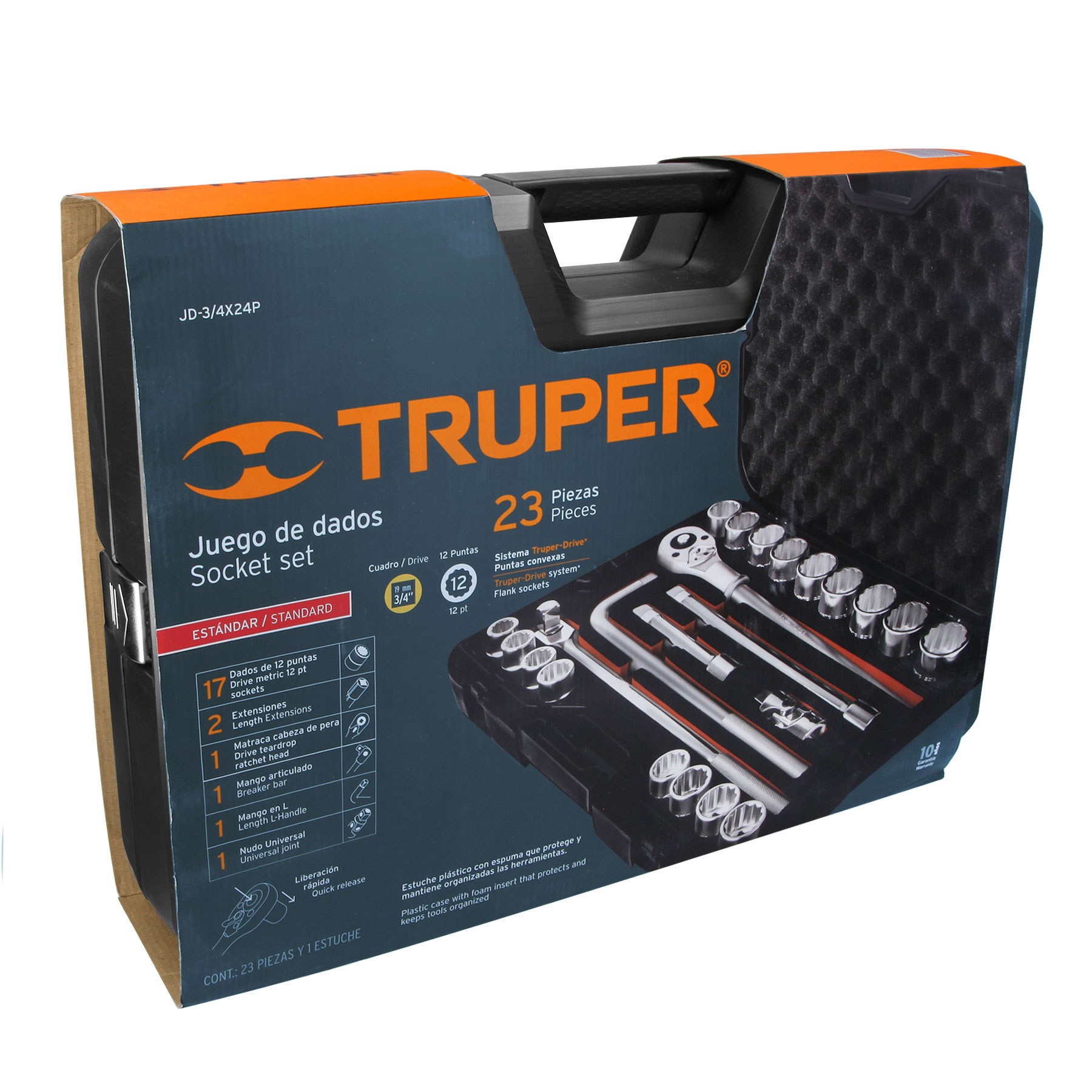 JUEGO DE 23 HERRAMIENTAS CUADRO 3/4" STD PARA MECÁNICO TRUPER 13970