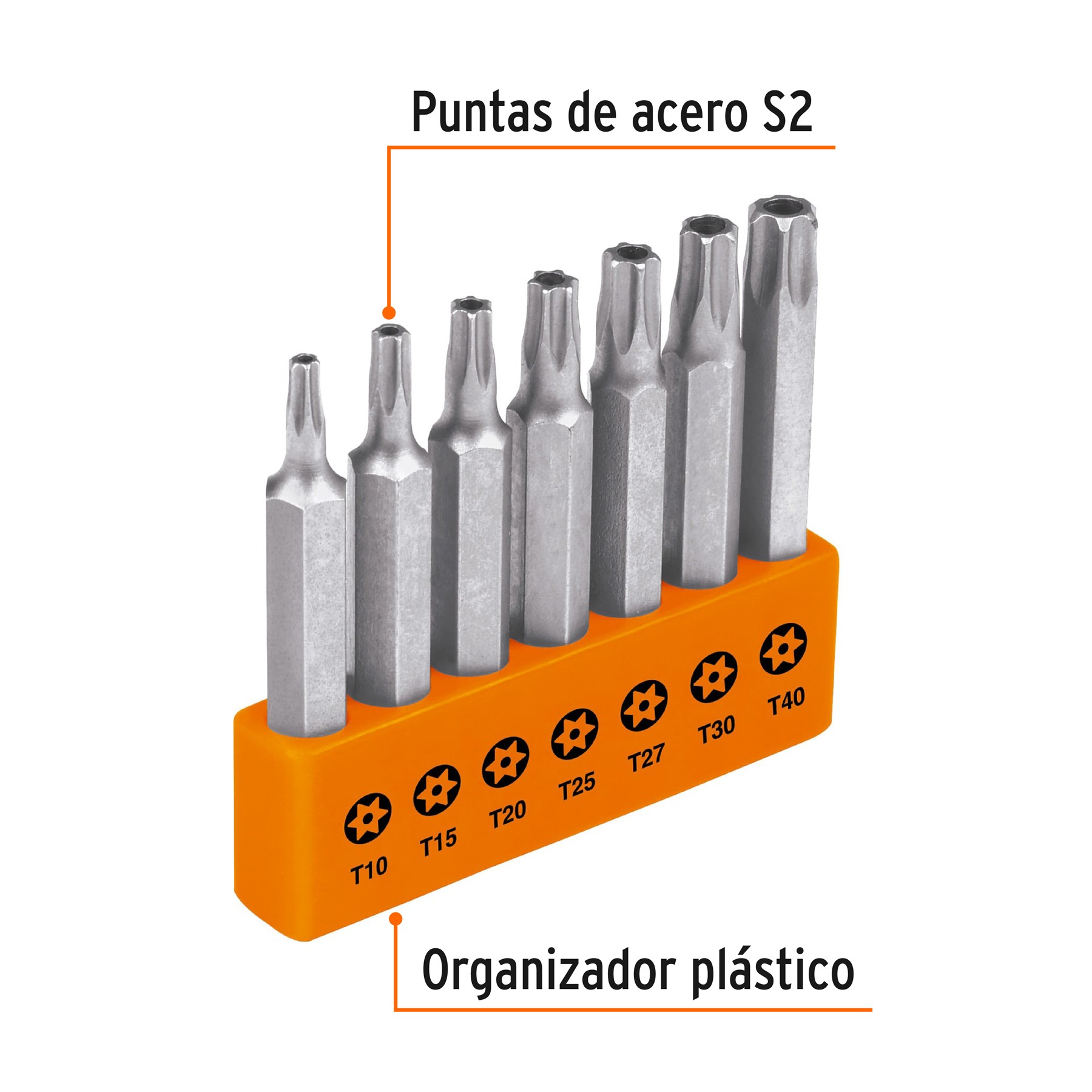 JUEGO DE 7 PUNTAS TORX COMBINADAS C/SEGURO LARGO 2", TRUPER EXPERT 17813