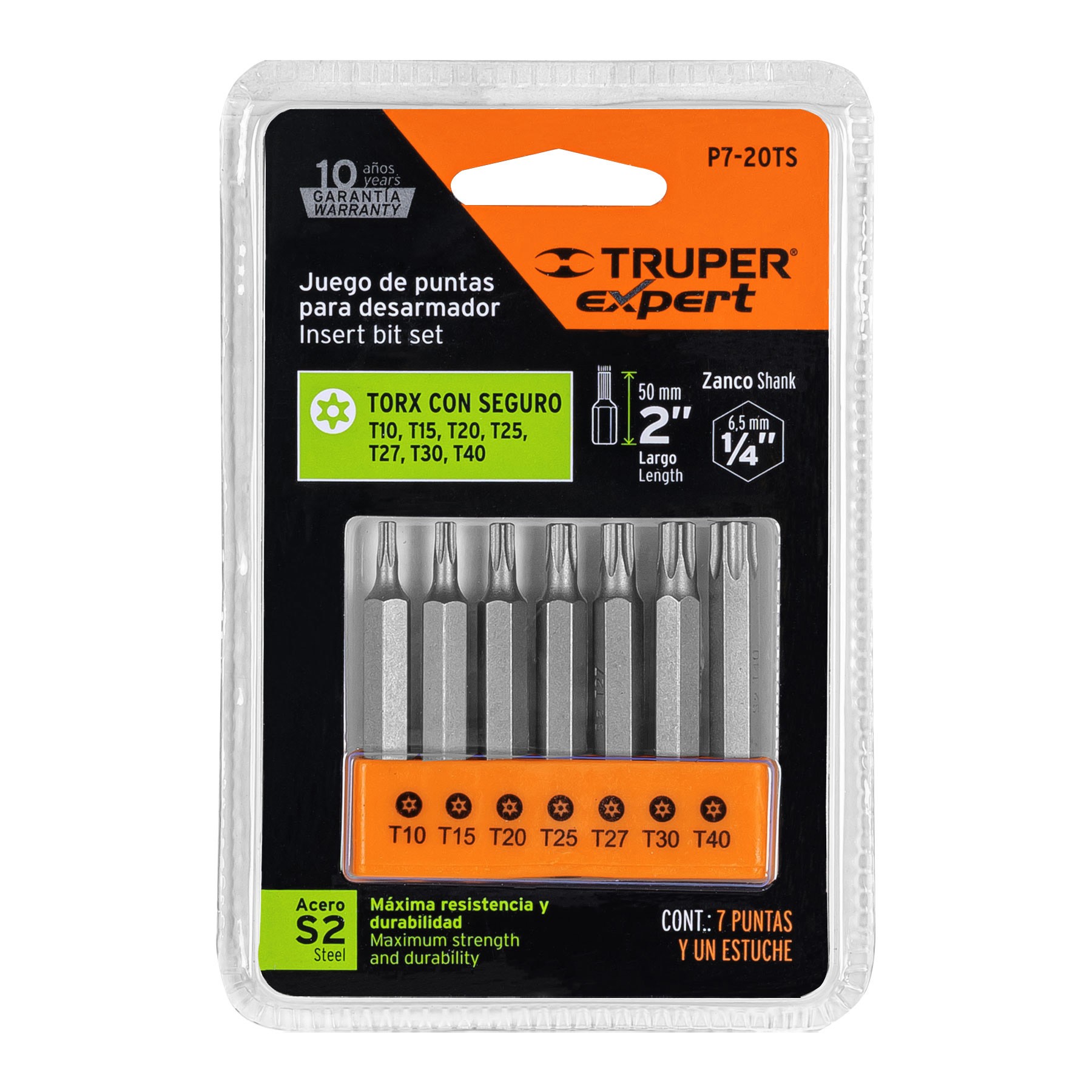 JUEGO DE 7 PUNTAS TORX COMBINADAS C/SEGURO LARGO 2", TRUPER EXPERT 17813