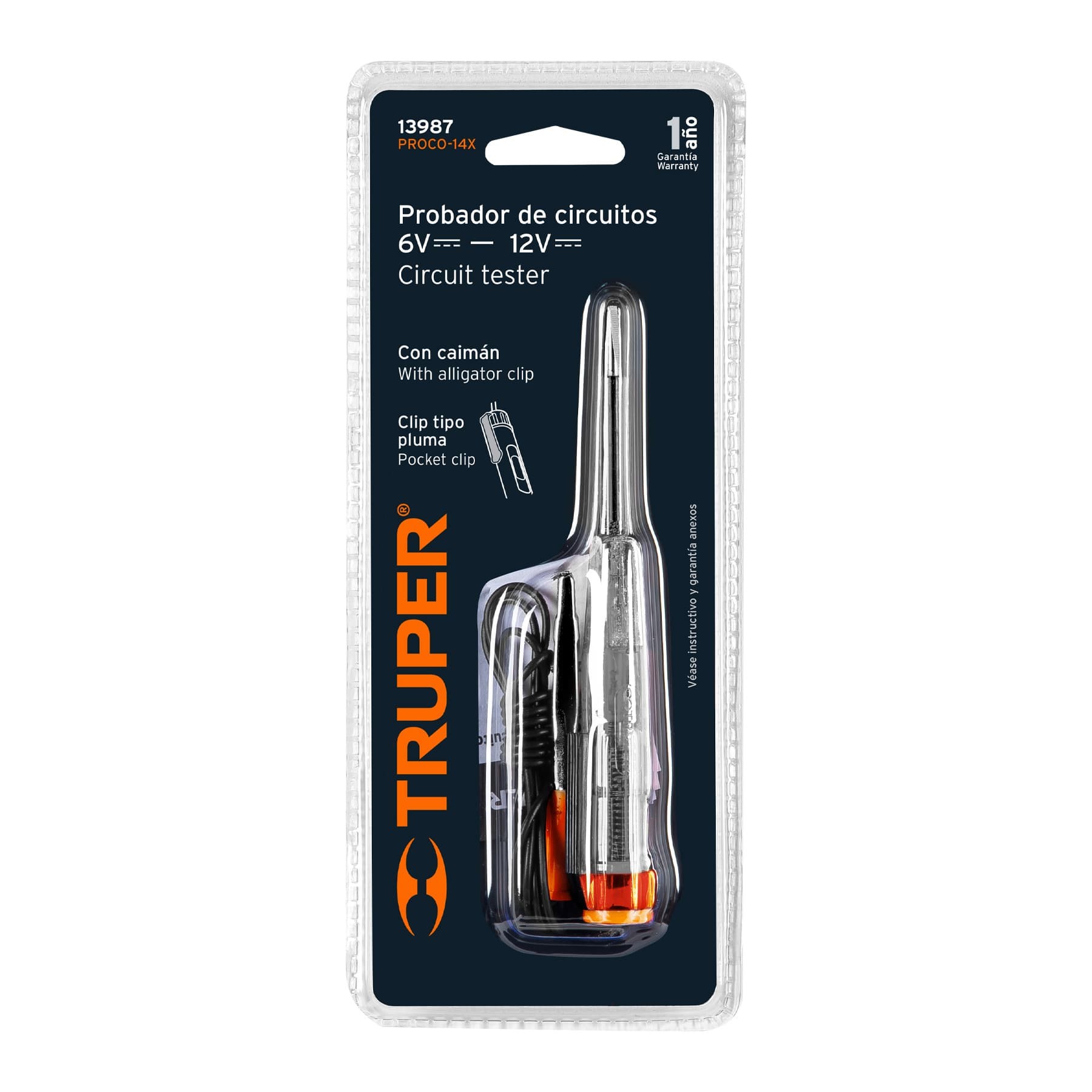 PROBADOR DE CIRCUITOS DE CORRIENTE DIRECTA 14 CM C/CAIMÁN TRUPER 13987