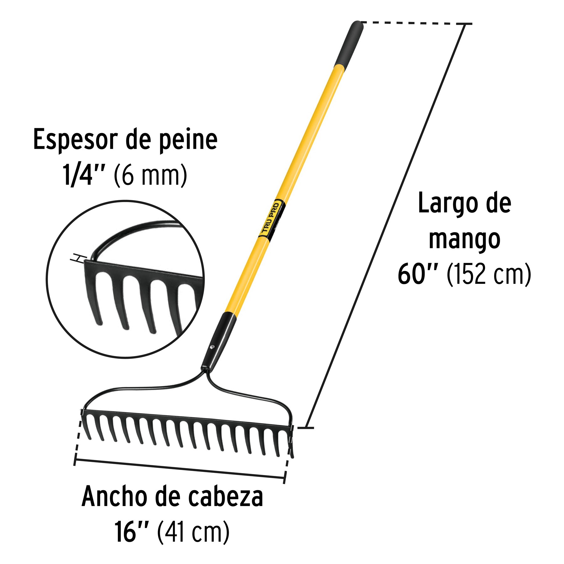 RASTRILLO JARDINERO, 16 DIENTES, MANGO 60" FIBRA DE VIDRIO TRUPER 17885