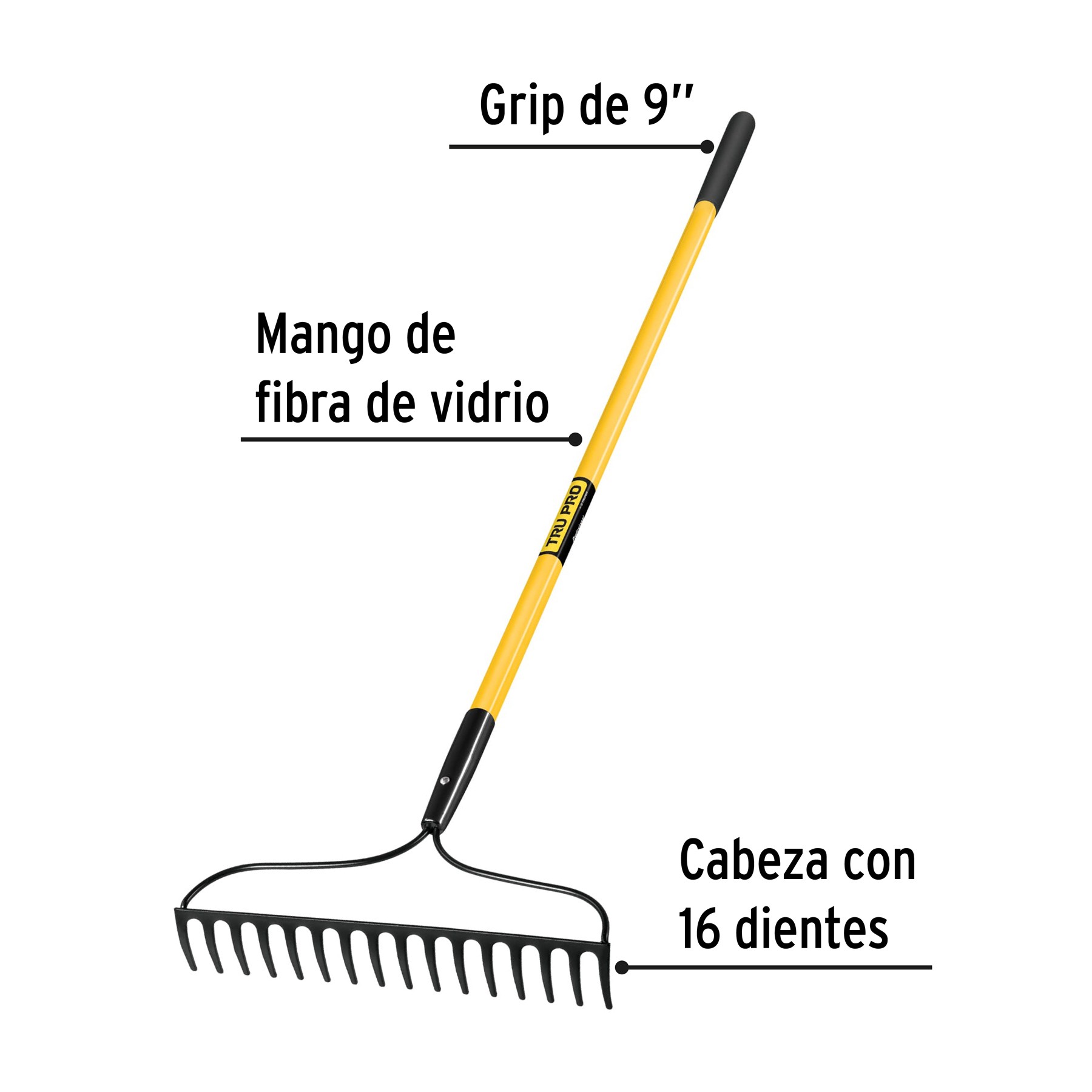RASTRILLO JARDINERO, 16 DIENTES, MANGO 60" FIBRA DE VIDRIO TRUPER 17885