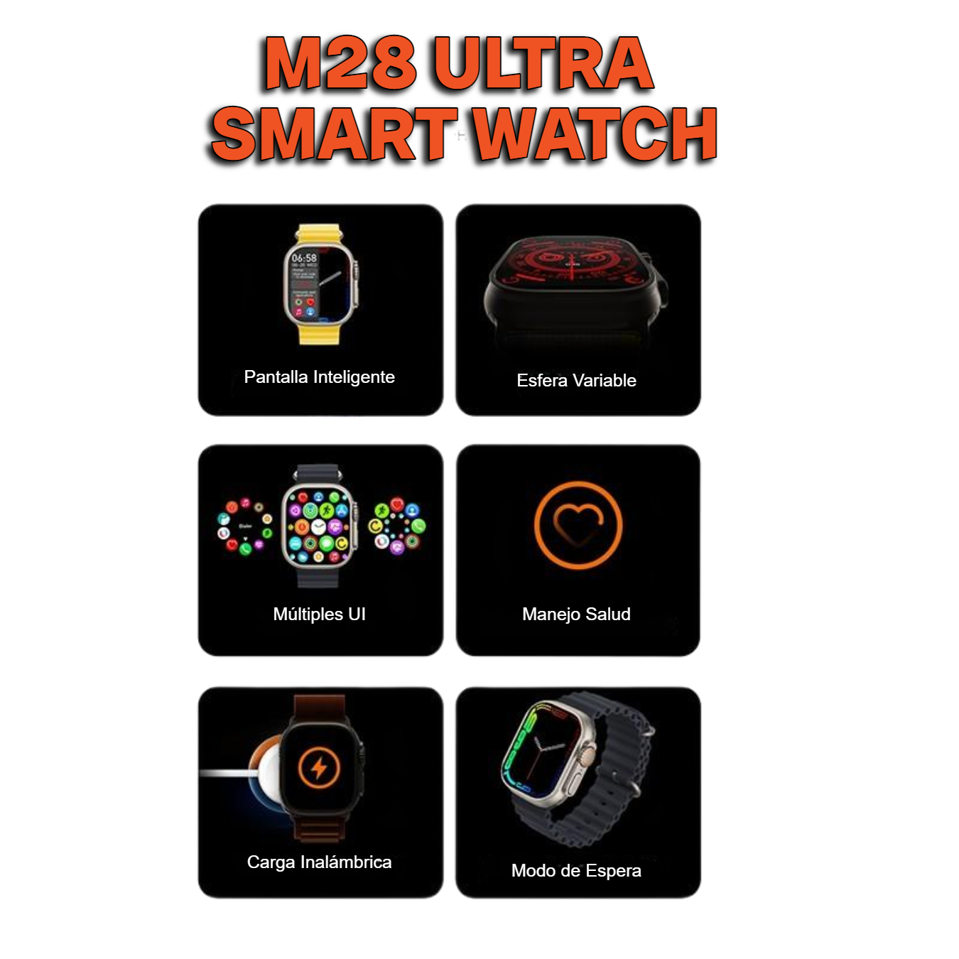 Reloj Inteligente Unisex Color Negro Compatible con iOS- Android/ Smartwatch Serie 28 Ultra Bluetooth 4.0 Para Hombre y Mujer Deportivo 