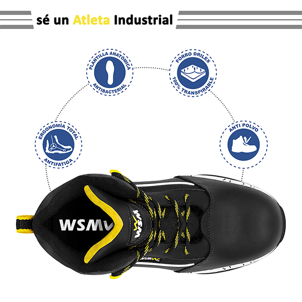 Zapato de Seguridad WSM, Ergonómico y muy ligero tipo tenis. Con casquillo de Policarbonato. Bota Industrial multifuncional. Star Lite
