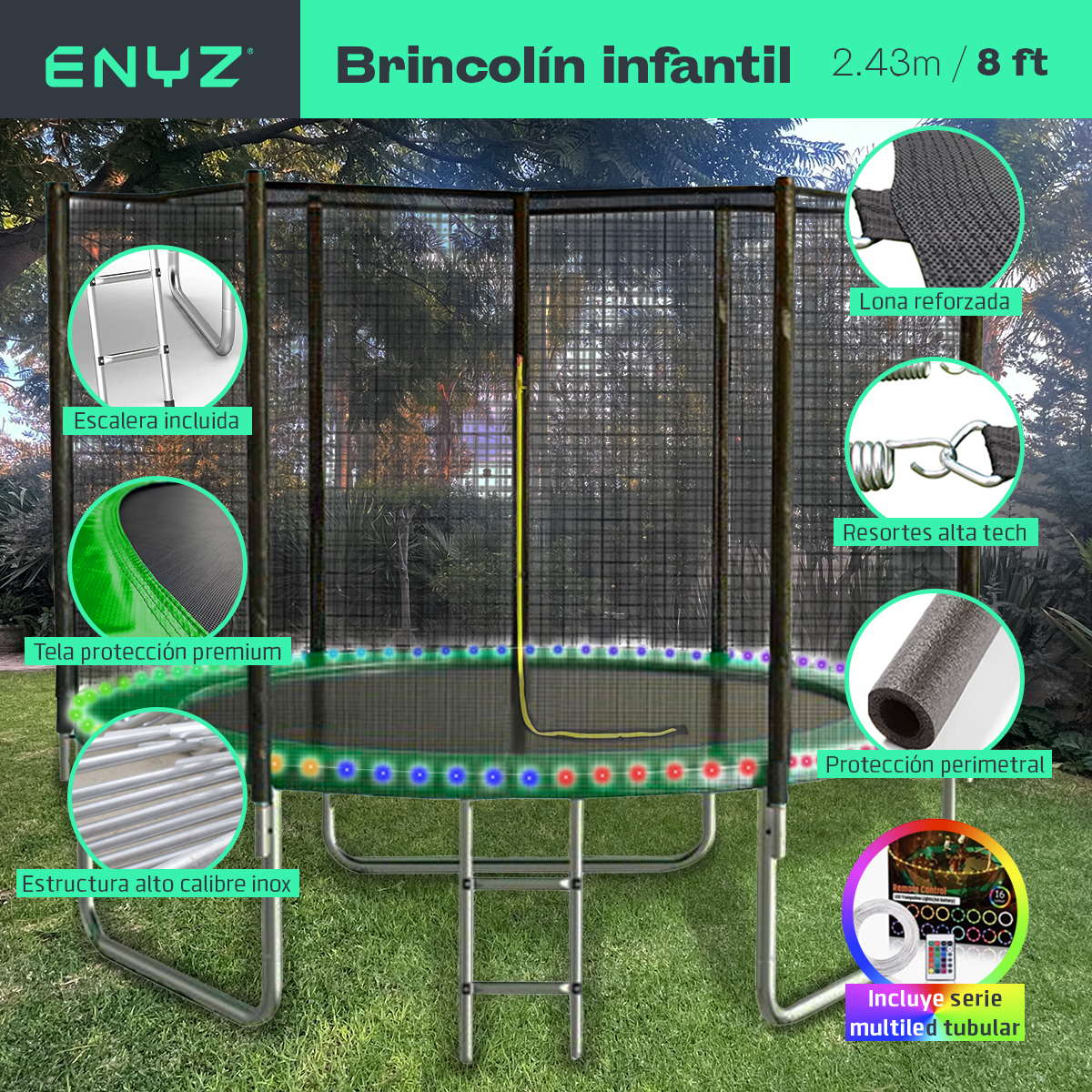 Trampolín Brincolín Premium 8 ft 2.43m Con Luces LED Tubular Reforzado Uso Rudo Jardín exteriores, restaurantes y negocios Tumbling Trampoline Outdoor Indoor