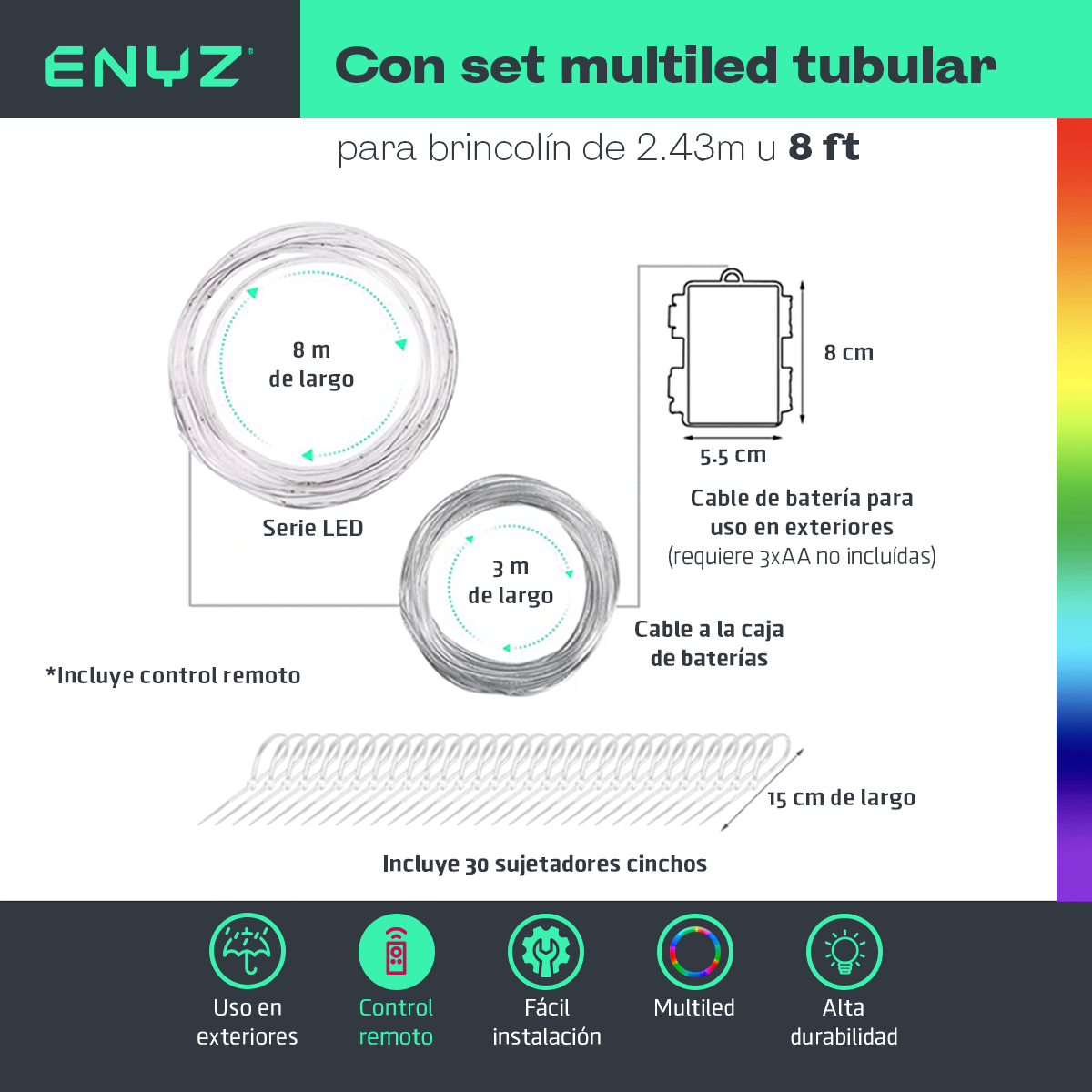 Trampolín Brincolín Premium 8 ft 2.43m Con Luces LED Tubular Reforzado Uso Rudo Jardín exteriores, restaurantes y negocios Tumbling Trampoline Outdoor Indoor