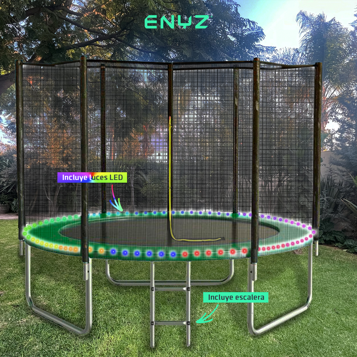 Trampolín Brincolín Premium 8 ft 2.43m Con Luces LED Tubular Reforzado Uso Rudo Jardín exteriores, restaurantes y negocios Tumbling Trampoline Outdoor Indoor