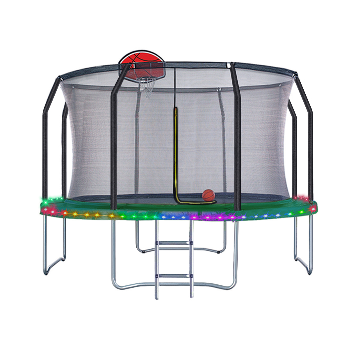 Trampolín brincolín premium Con Luces LED Tubular uso comercial Uso Rudo Jardín exteriores, restaurantes y negocios 12ft  3.65m con canasta de basketball con protección perimetral red de seguridad