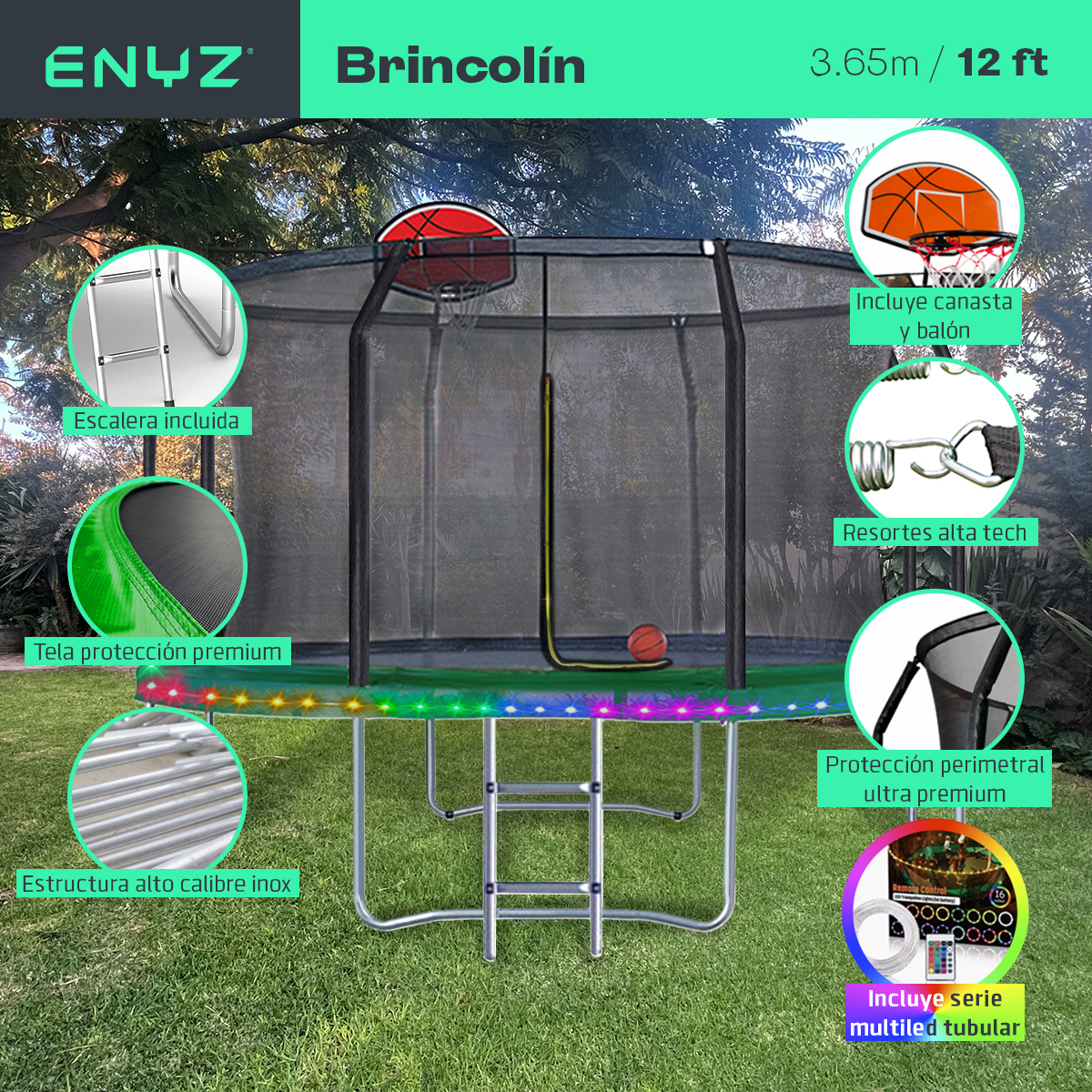 Trampolín brincolín premium Con Luces LED Tubular uso comercial Uso Rudo Jardín exteriores, restaurantes y negocios 12ft  3.65m con canasta de basketball con protección perimetral red de seguridad