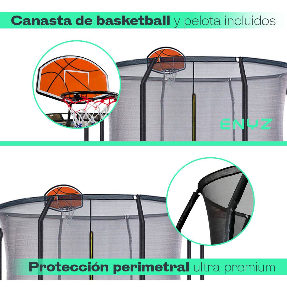 Trampolín brincolín premium Con Luces LED Tubular uso comercial Uso Rudo Jardín exteriores, restaurantes y negocios 12ft  3.65m con canasta de basketball con protección perimetral red de seguridad