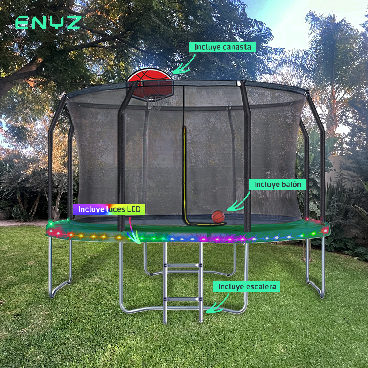 Trampolín brincolín premium Con Luces LED Tubular uso comercial Uso Rudo Jardín exteriores, restaurantes y negocios 12ft  3.65m con canasta de basketball con protección perimetral red de seguridad