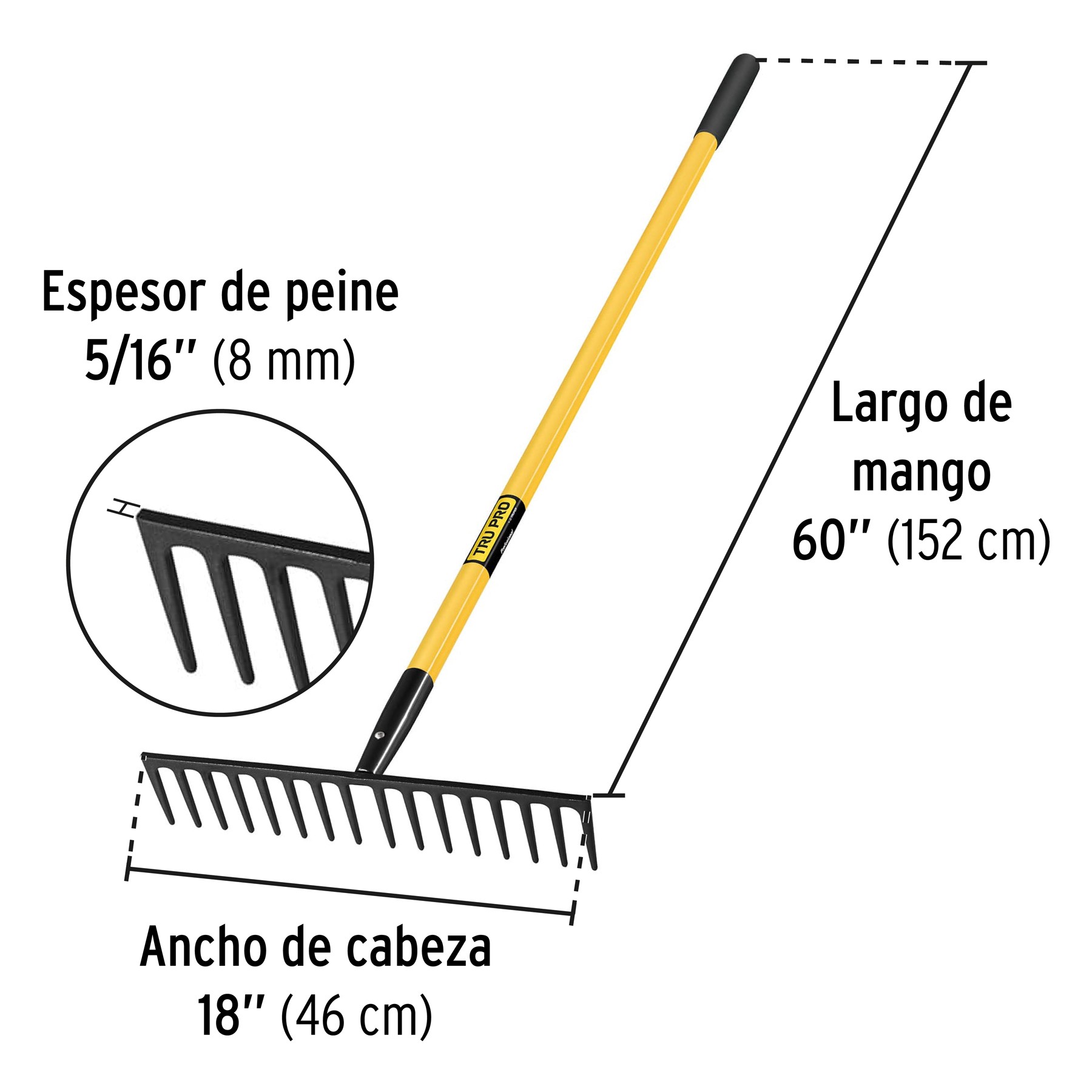 RASTRILLO RECTO, 16 DIENTES, MANGO DE FIBRA DE VIDRIO DE 60" TRUPER 17894