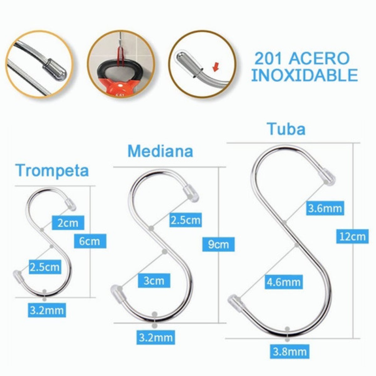 45 Ganchos Blister S Acero Inoxidable Tres Tamaños 6/9/12 Cm Plata 