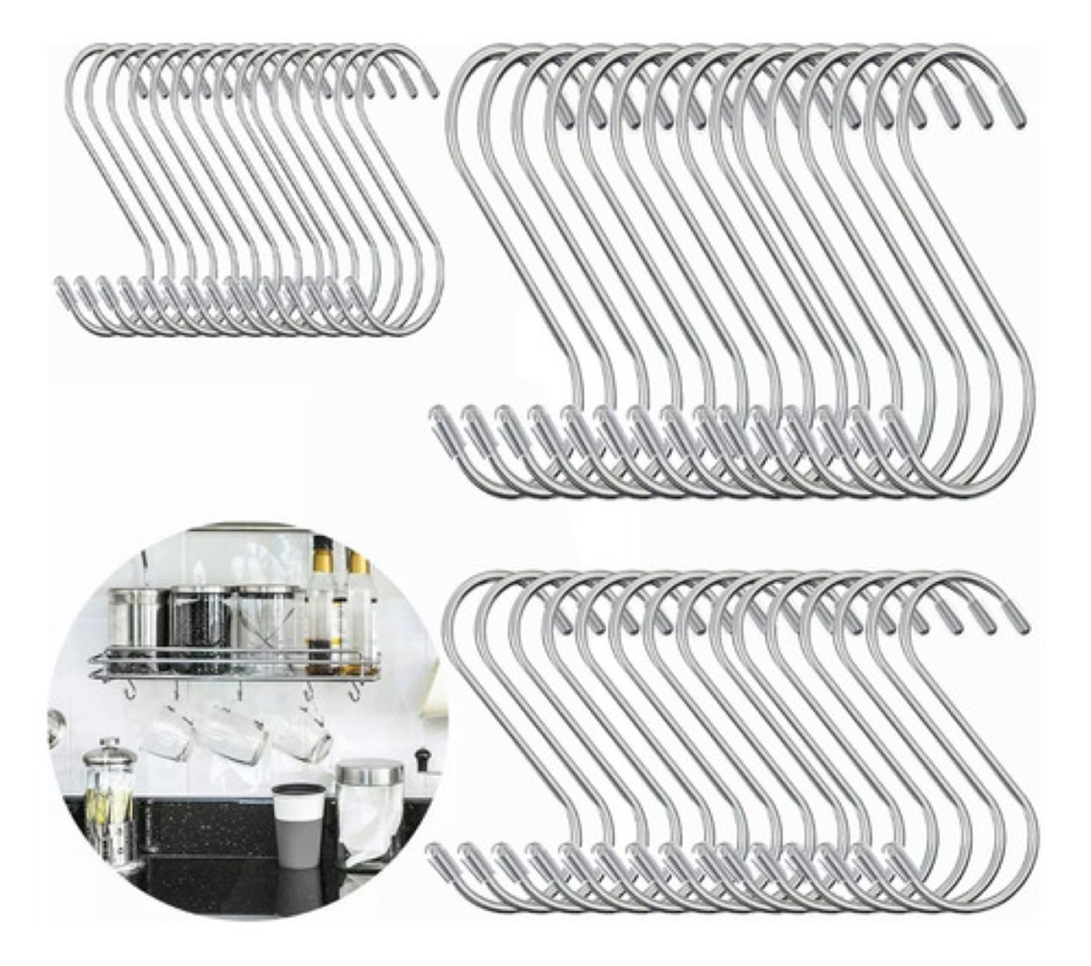 45 Ganchos Blister S Acero Inoxidable Tres Tamaños 6/9/12 Cm Plata 