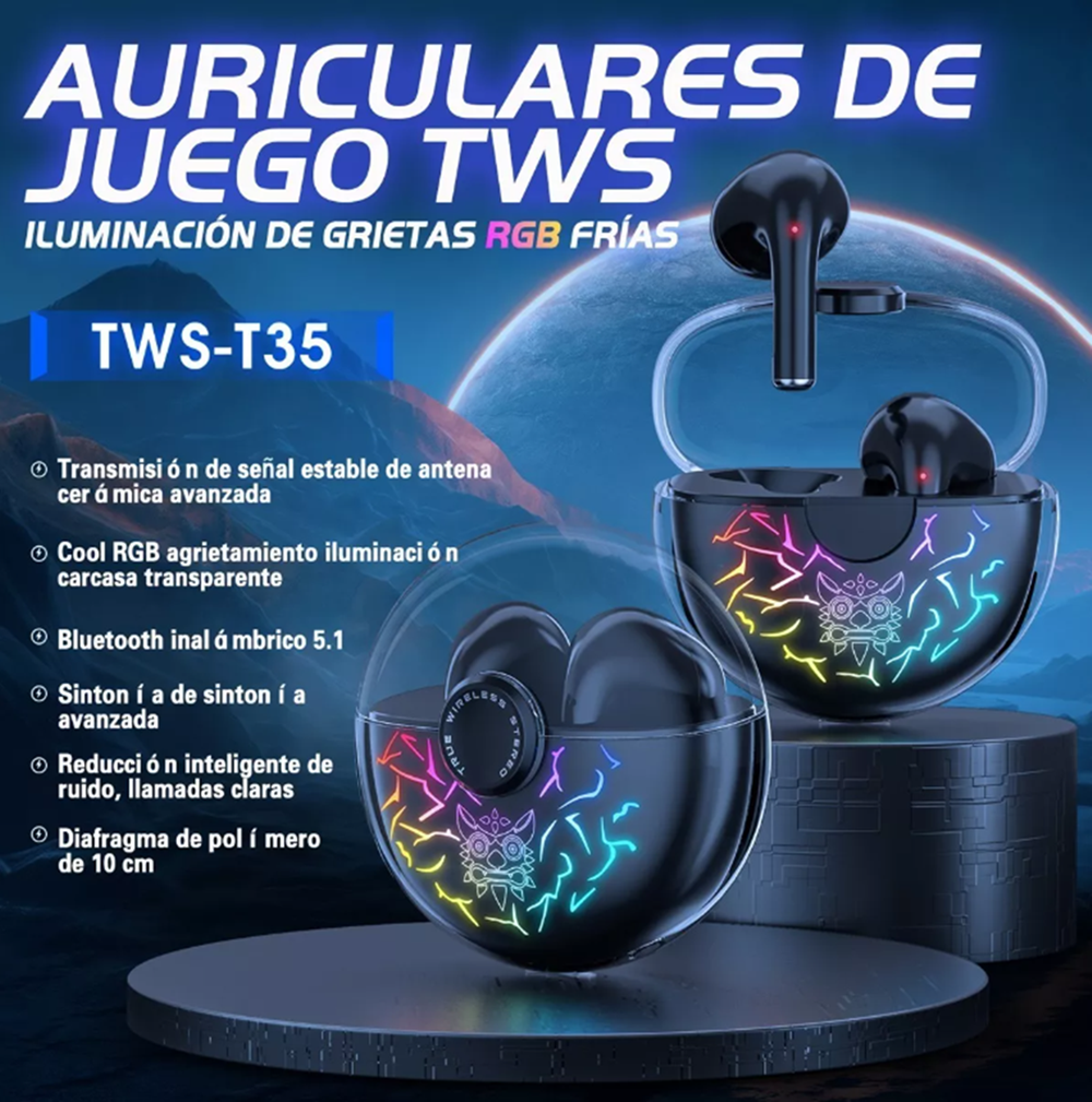 Audífonos in-ear gamer inalámbricos TWS T35