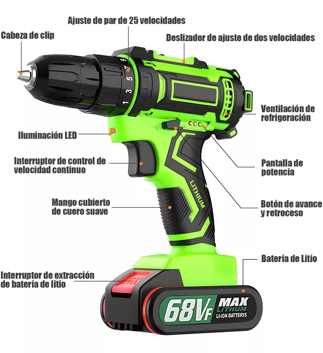 Taladro Atornillador Eléctrico Inalámbrico C/2 Baterías 68vf