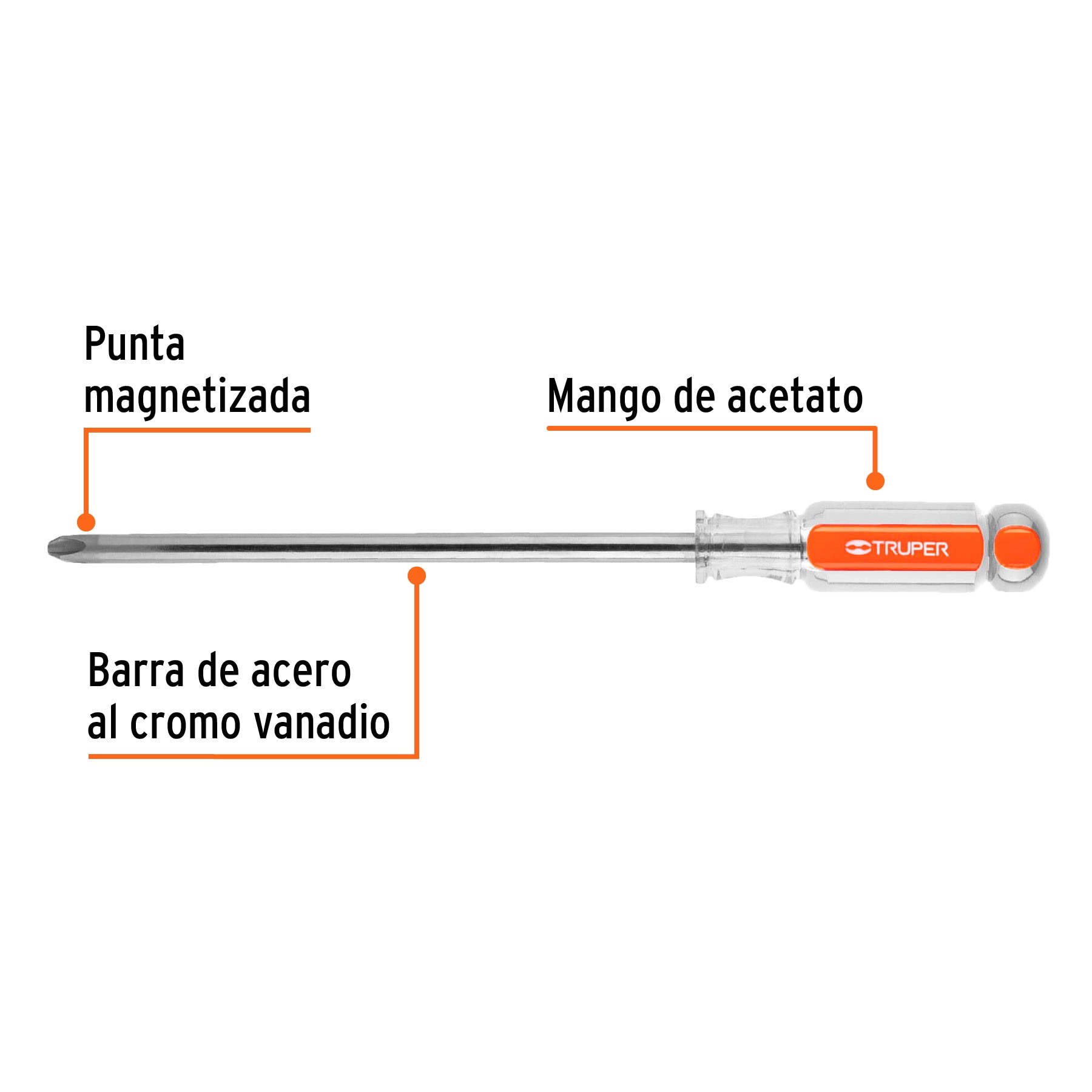 DESARMADOR DE CRUZ 3/16" X 8" MANGO DE ACETATO, TRUPER 14068
