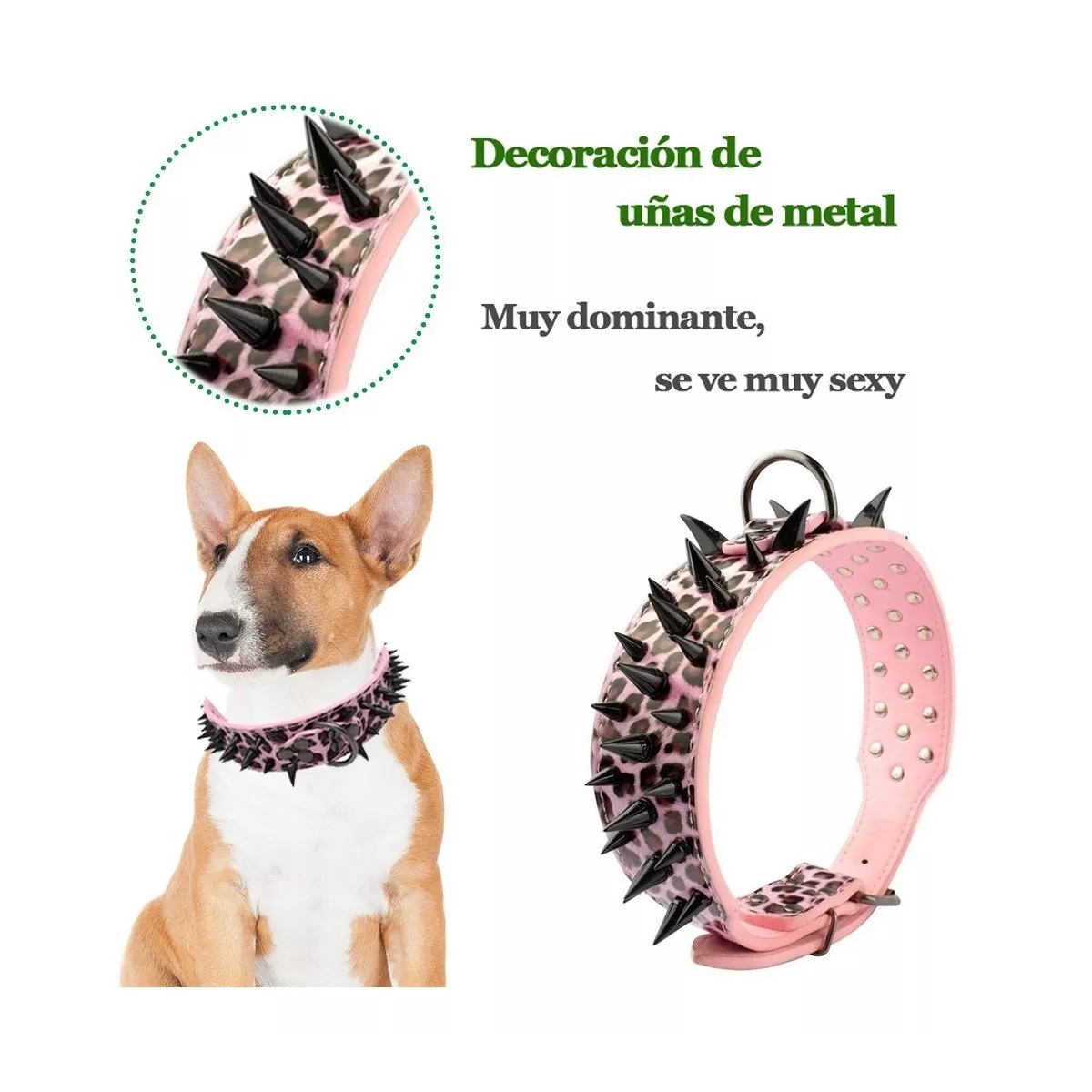 Collar Para Perro Con Picos De Metal Cuero Con Estilo.Rosa M