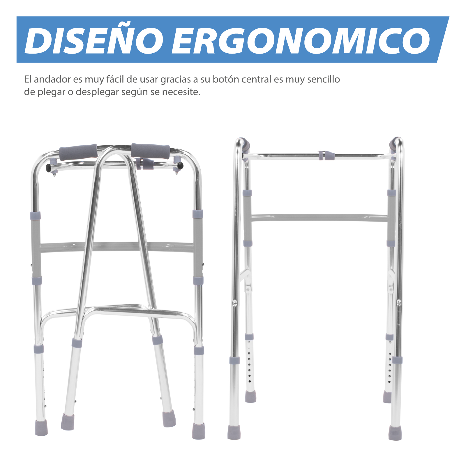 Onof VIRGINIA Andadera Ortopédica para adulto ajustable Plata/Negro Fabricado de aluminio |antiderrapante | Agarraderas acojinadas