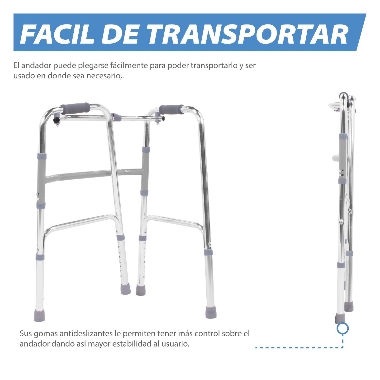 Onof VIRGINIA Andadera Ortopédica para adulto ajustable Plata/Negro Fabricado de aluminio |antiderrapante | Agarraderas acojinadas