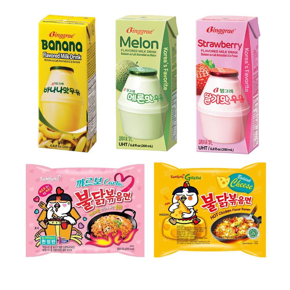 Pack coreano lechita binggrae y ramen buldak.