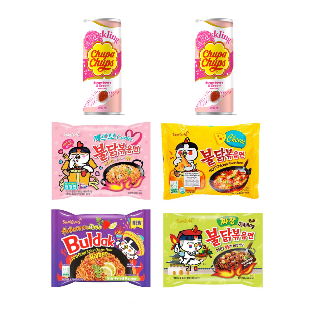 Ramen picante samyang buldak Top con soda chupa chups fresa