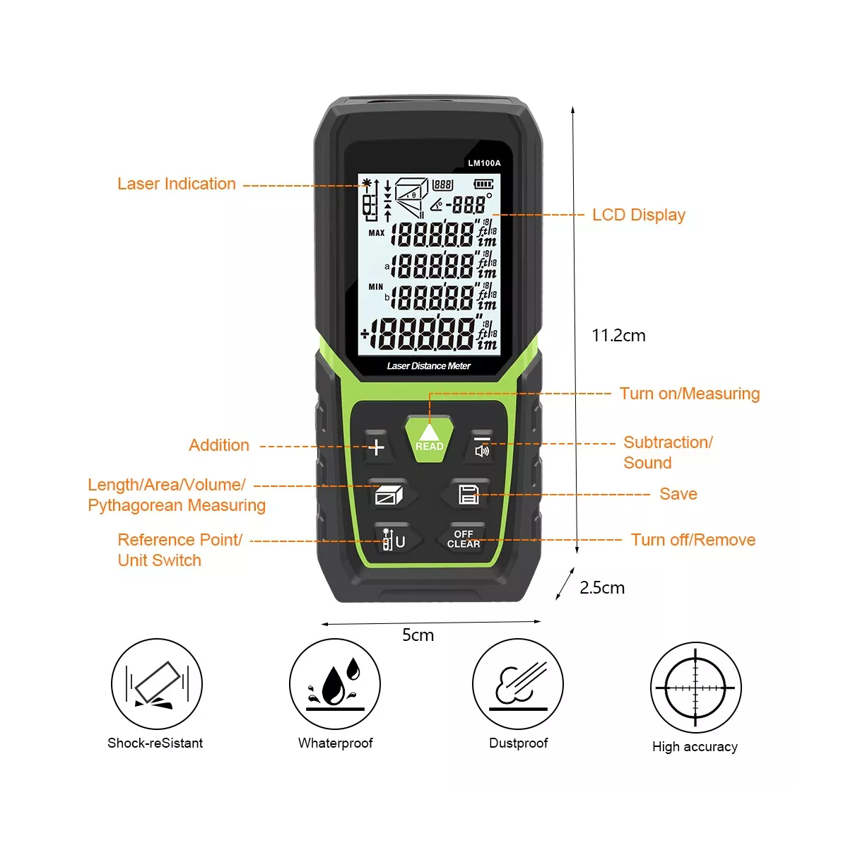 Telémetro Láser M/in/ft Lm100a De 330ft/100m Negro/Verde Fosforecente
