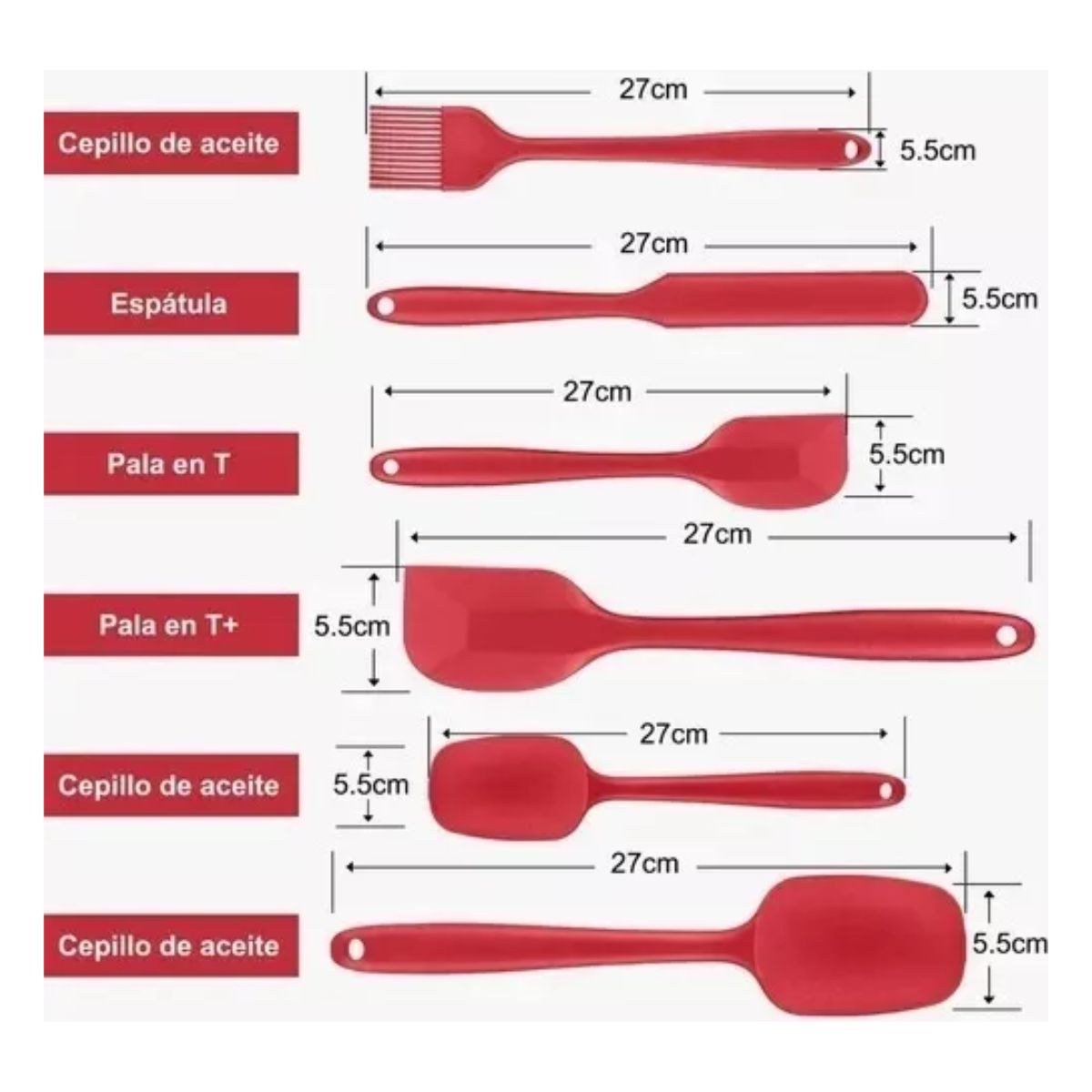 Utensilios Silicona Cocina Palas Espatulas Reposteria 6 Set Rojo