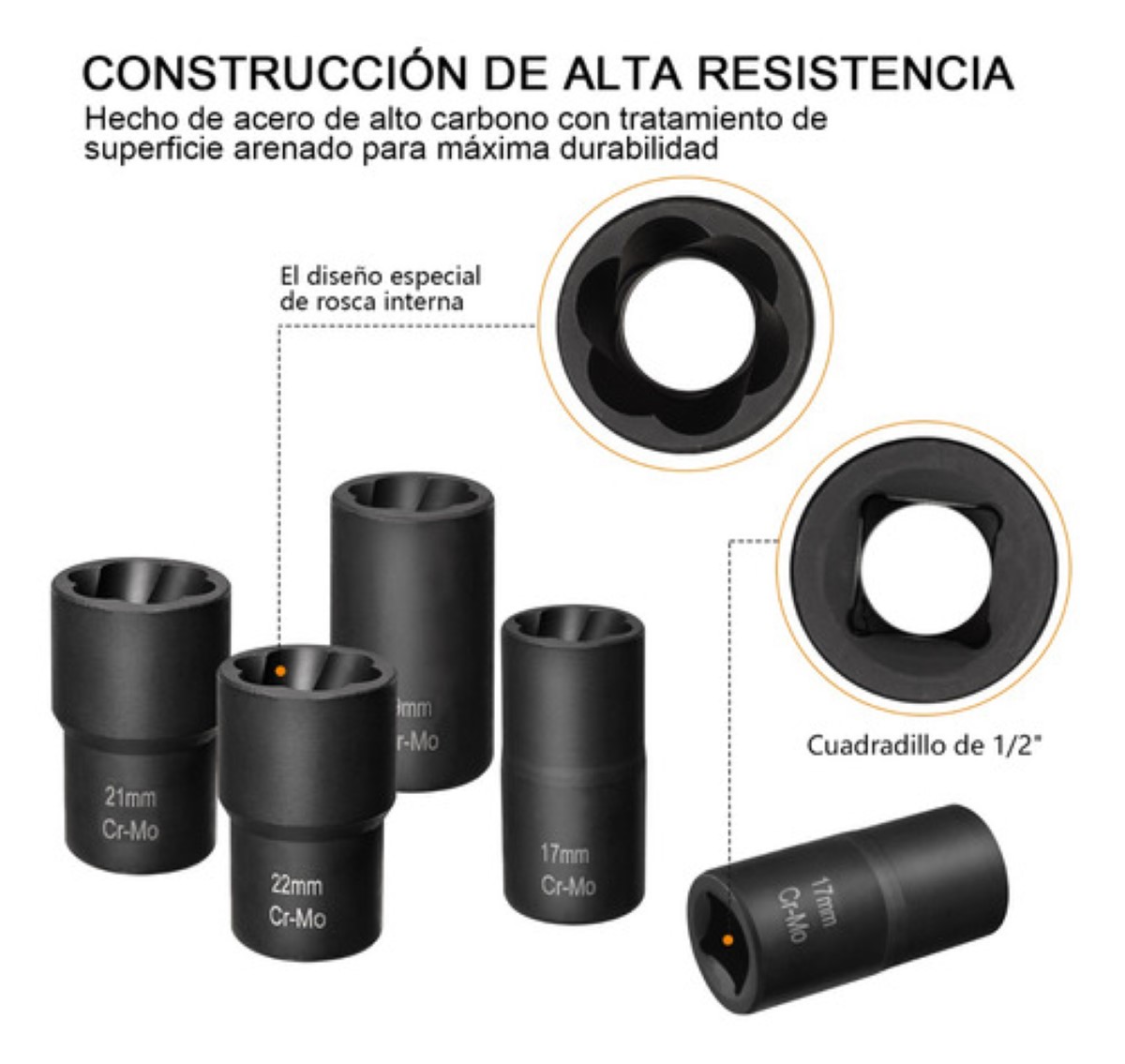 Juego De Extractores 1/2'' Para Quitar Tuercas Barridas Negro Detalle Naranja