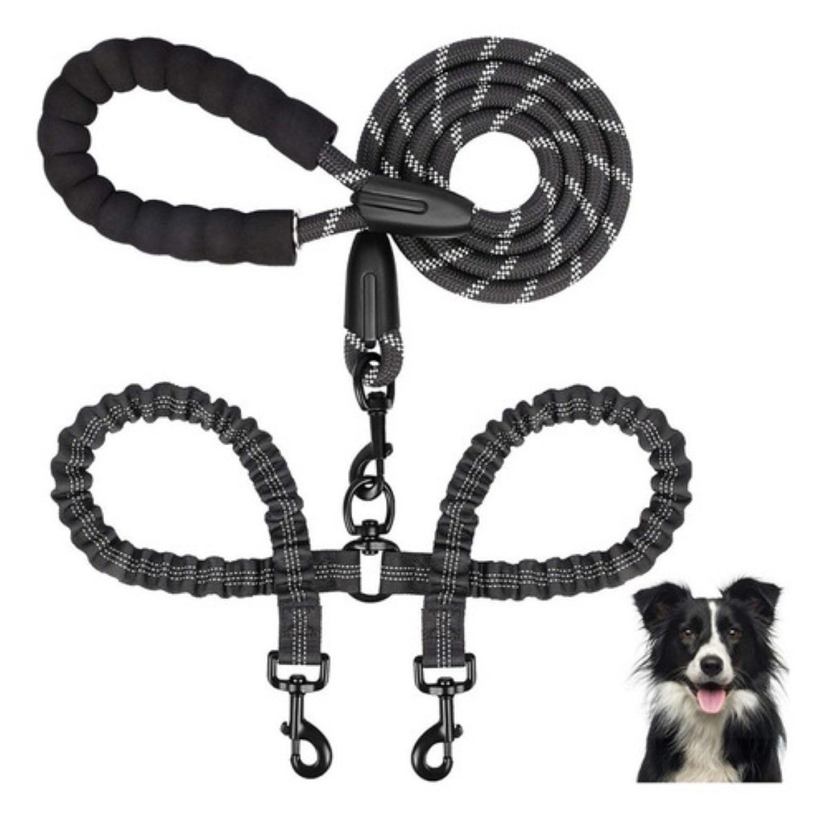Correa Elástica Anti Enredos De Doble Extremo Perro Gato Negro/gris