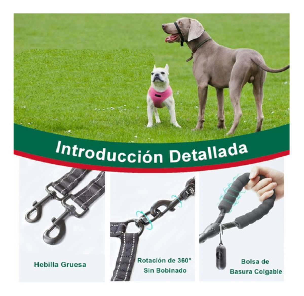 Correa Elástica Anti Enredos De Doble Extremo Perro Gato Negro/gris