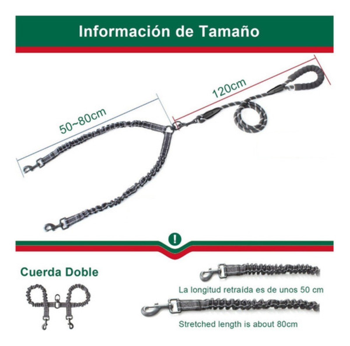 Correa Elástica Anti Enredos De Doble Extremo Perro Gato Negro/gris