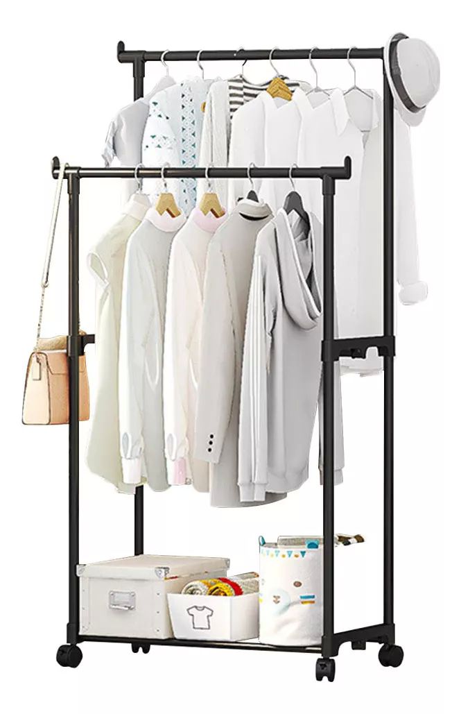Rack Organizador Doble Para Ropa Perchero Closet Con Ruedas Color Negro