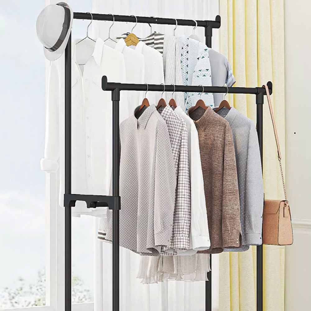 Rack Organizador Doble Para Ropa Perchero Closet Con Ruedas Color Negro
