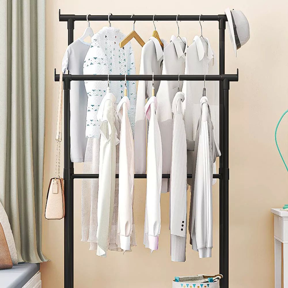 Rack Organizador Doble Para Ropa Perchero Closet Con Ruedas Color Negro