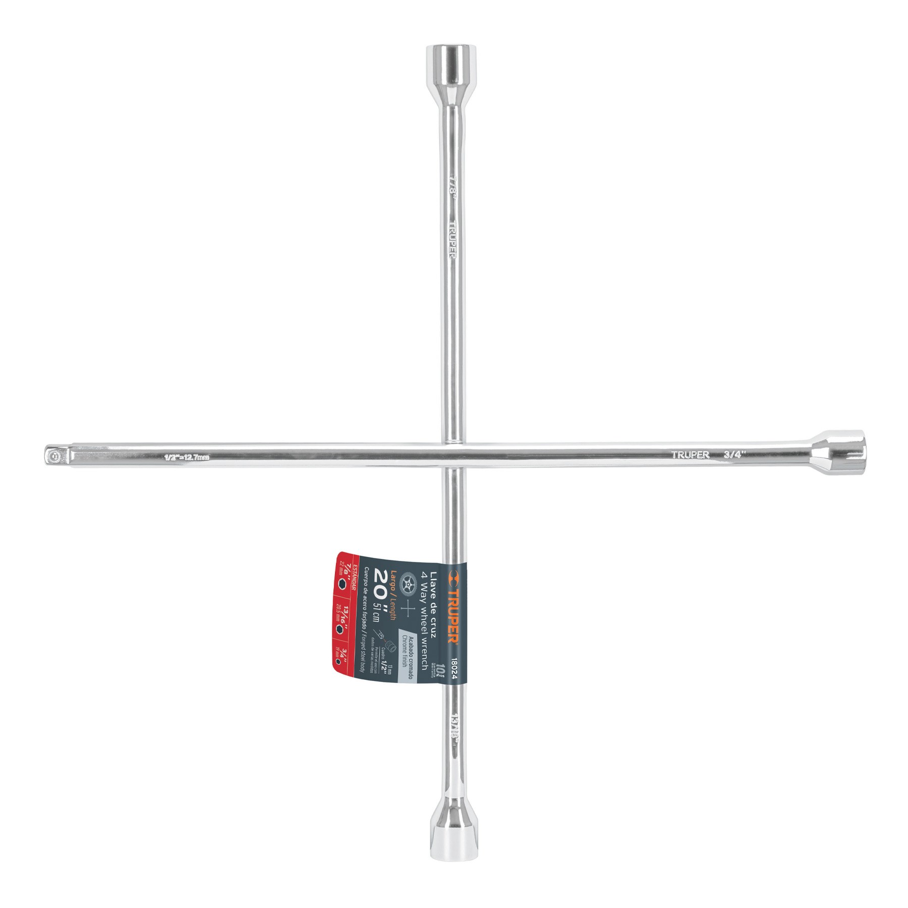 LLAVE DE CRUZ 20" PULIDA Y CROMADA CON ENTRADA CUADRO 1/2" TRUPER 18024