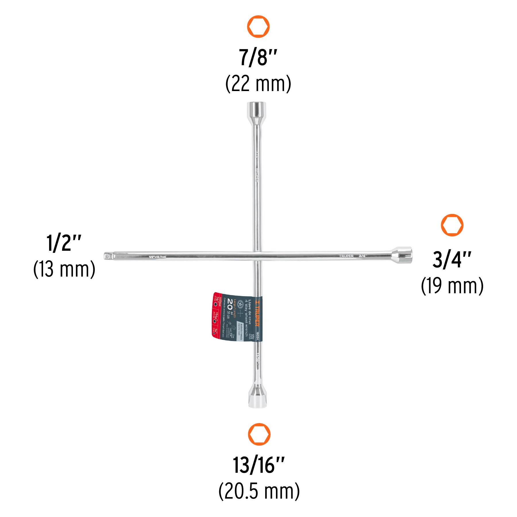 LLAVE DE CRUZ 20" PULIDA Y CROMADA CON ENTRADA CUADRO 1/2" TRUPER 18024