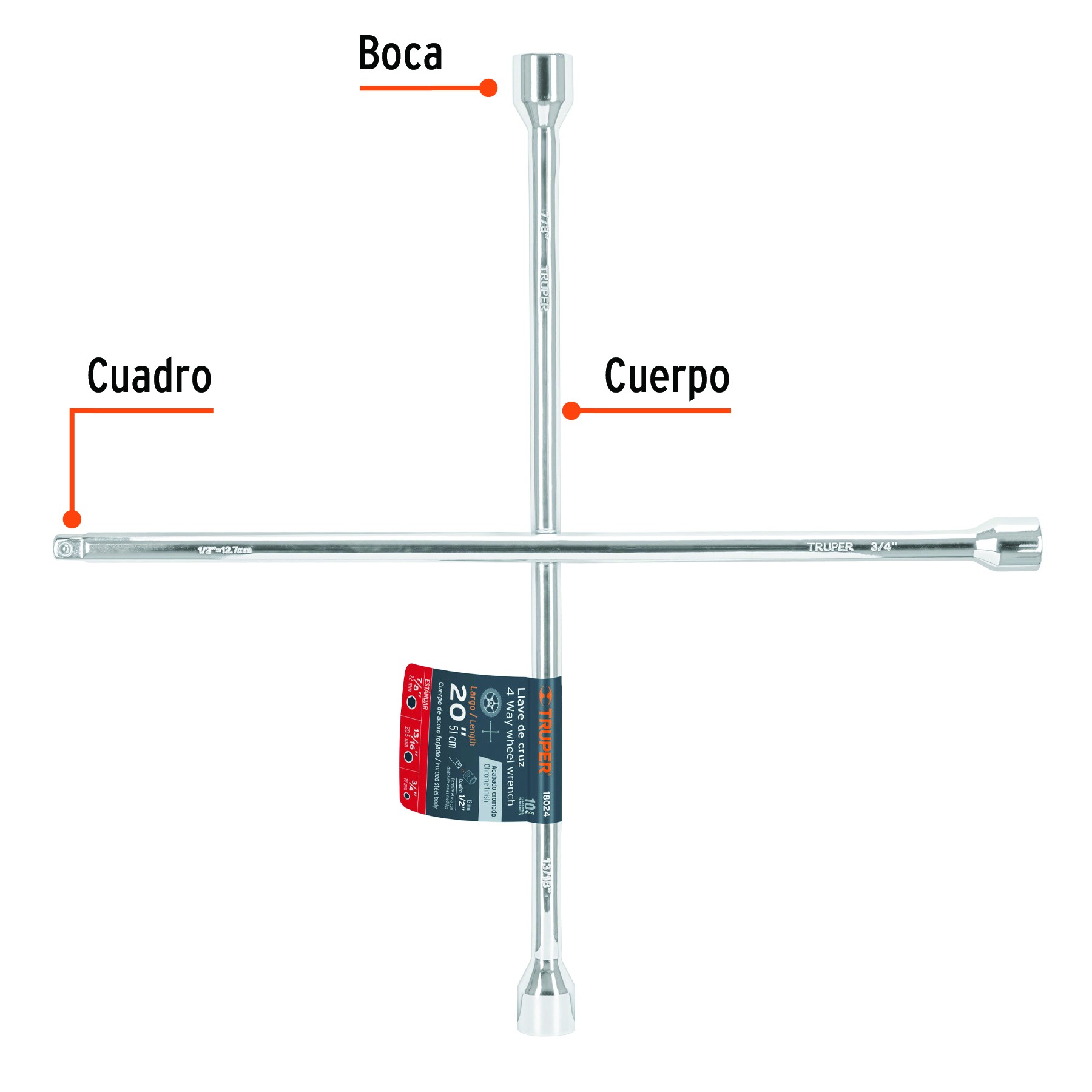 LLAVE DE CRUZ 20" PULIDA Y CROMADA CON ENTRADA CUADRO 1/2" TRUPER 18024