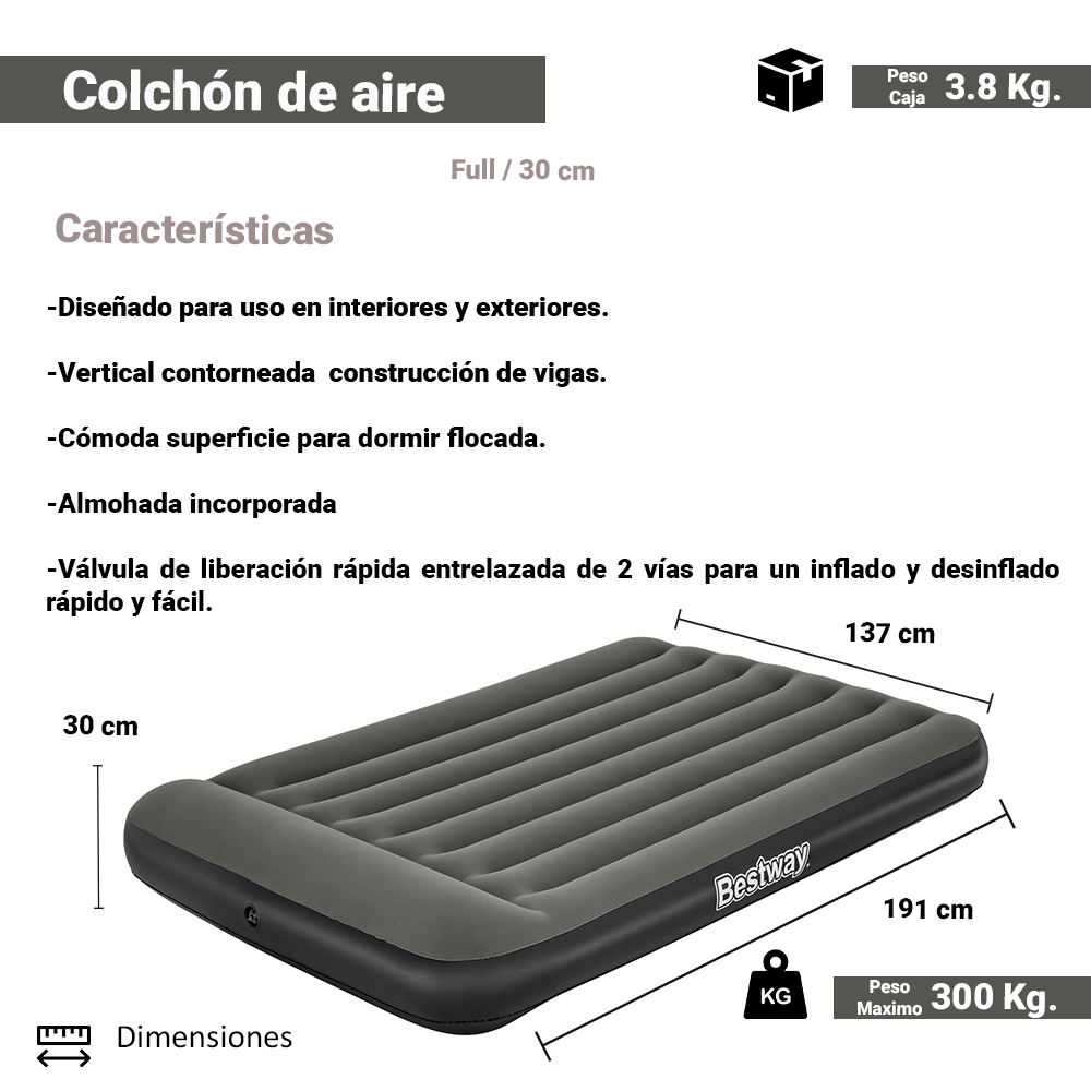 Colchon Inflable Bestway Matrimonial Camping Con Almohada