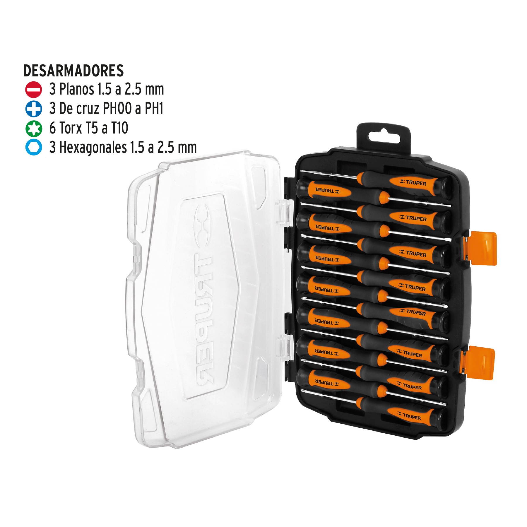 JUEGO CON 15 DESARMADORES LARGOS DE PRECISIÓN, TRUPER 14157