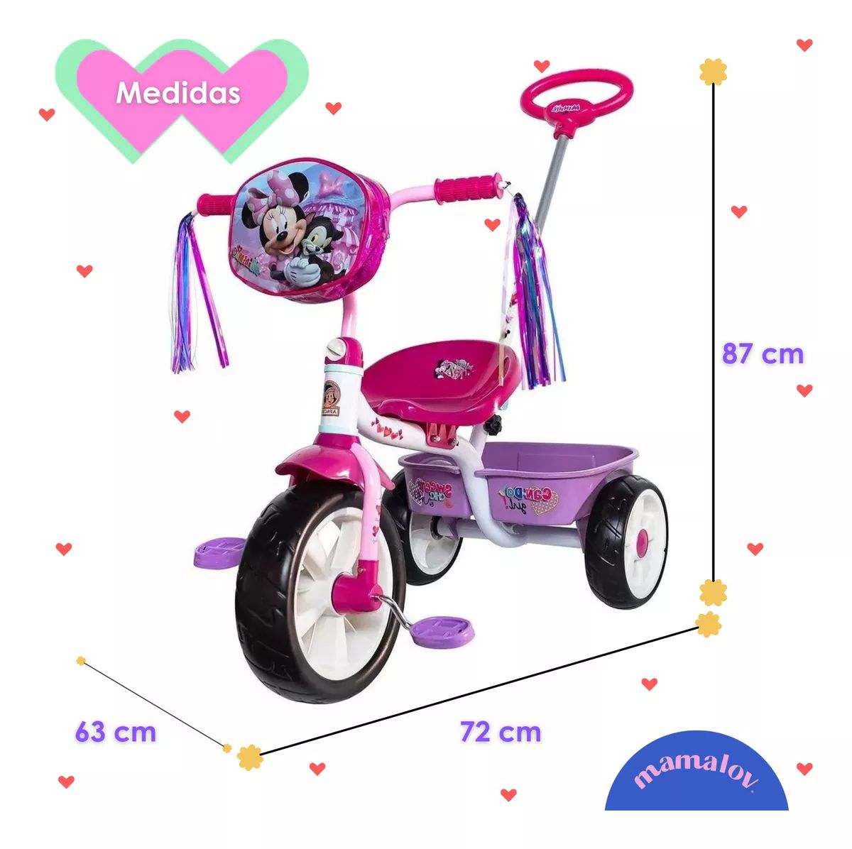 Triciclo Apache Para Niña Minnie Mouse Cajuela Barra Empuje