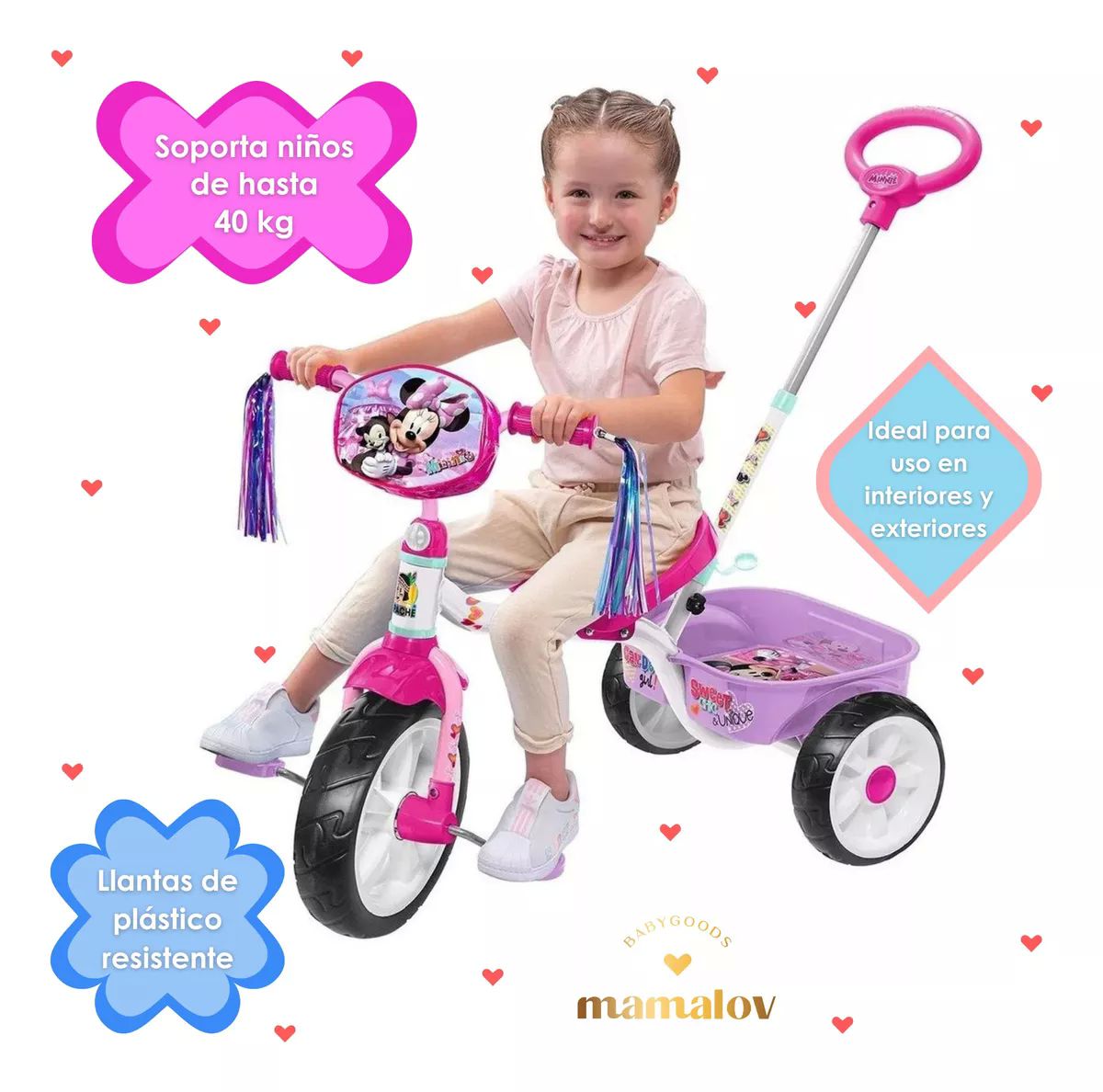 Triciclo Apache Para Niña Minnie Mouse Cajuela Barra Empuje