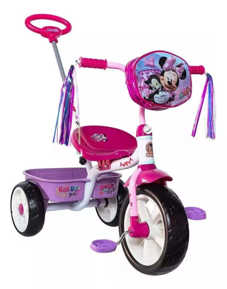 Triciclo Apache Para Niña Minnie Mouse Cajuela Barra Empuje