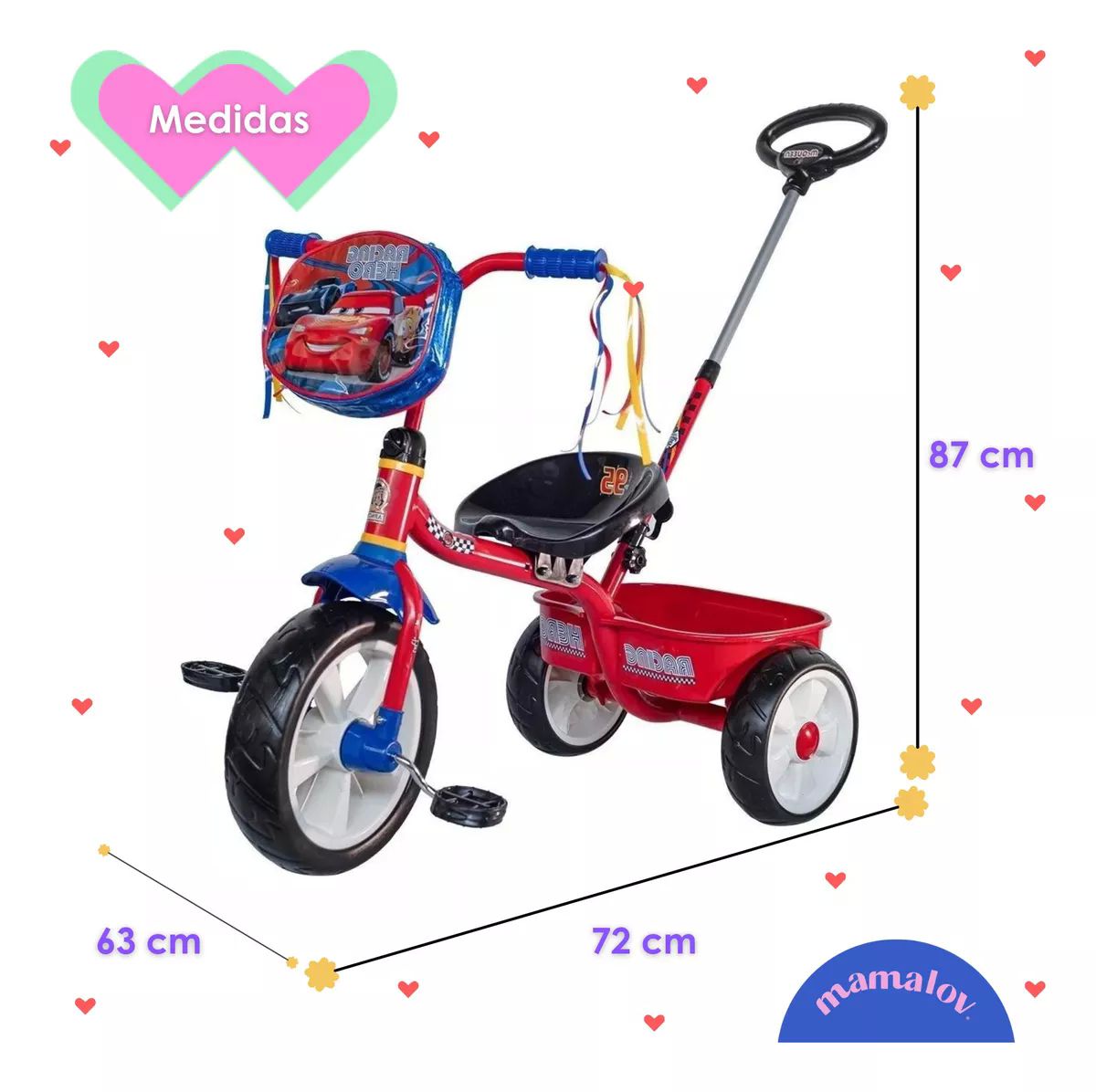 Triciclo Apache Para Niño Cars Con Barra Empuje - Rojo
