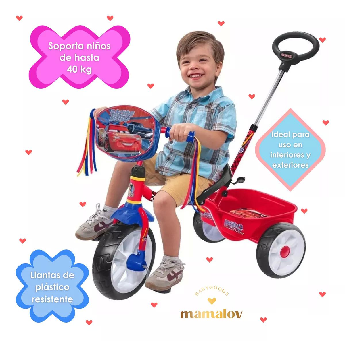 Triciclo Apache Para Niño Cars Con Barra Empuje - Rojo
