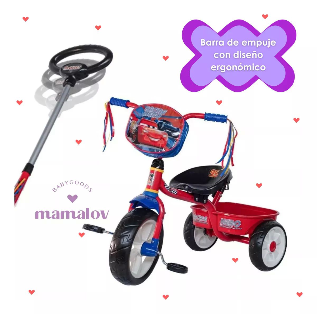 Triciclo Apache Para Niño Cars Con Barra Empuje - Rojo