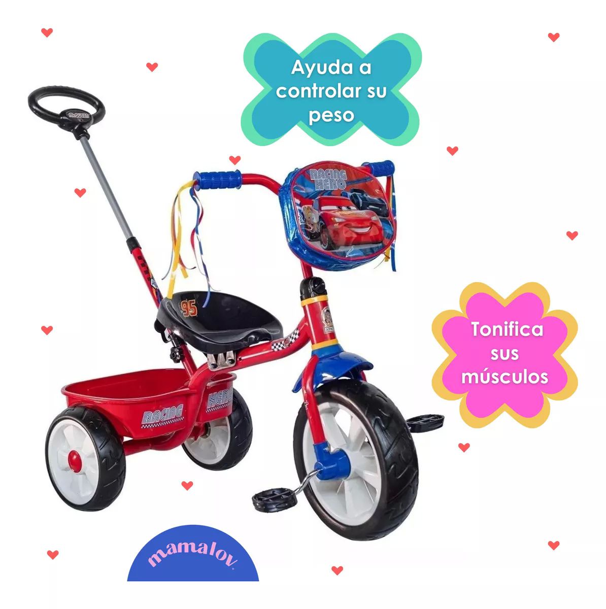 Triciclo Apache Para Niño Cars Con Barra Empuje - Rojo