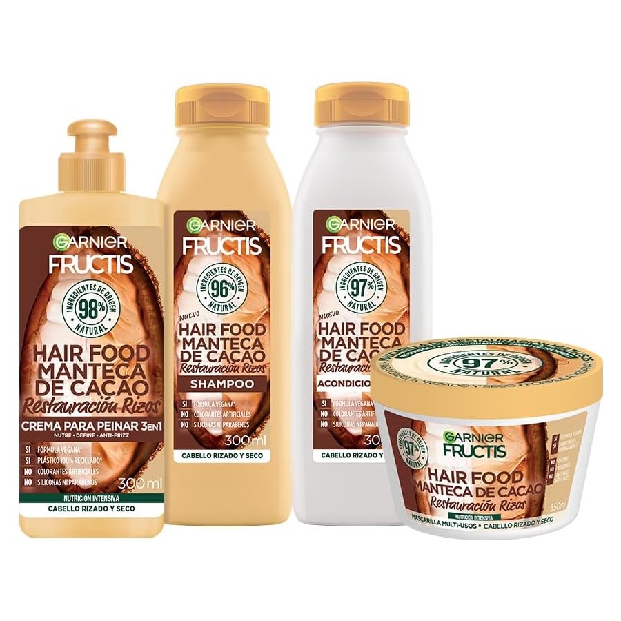 Garnier Fructis Manteca de Cacao Hair Food, 4 Piezas, Shampoo + Acondicionador + Mascarilla + Crema 3 en 1.
