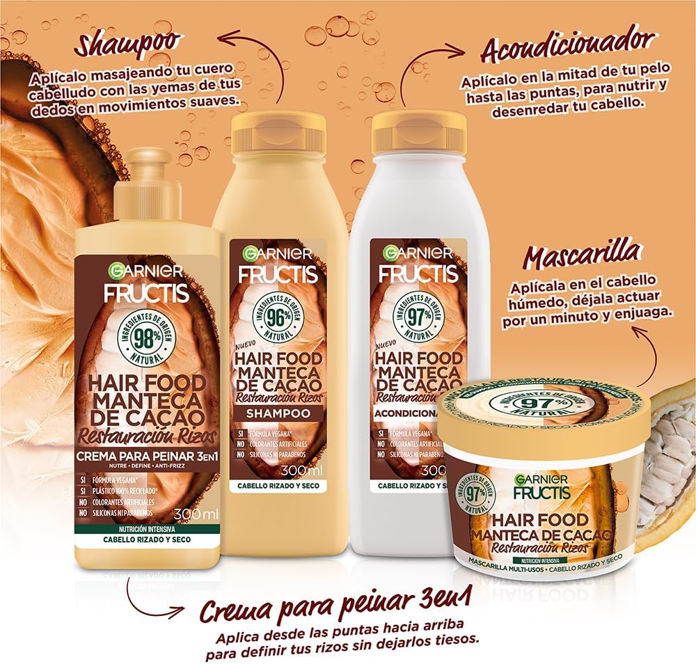 Garnier Fructis Manteca de Cacao Hair Food, 4 Piezas, Shampoo + Acondicionador + Mascarilla + Crema 3 en 1.